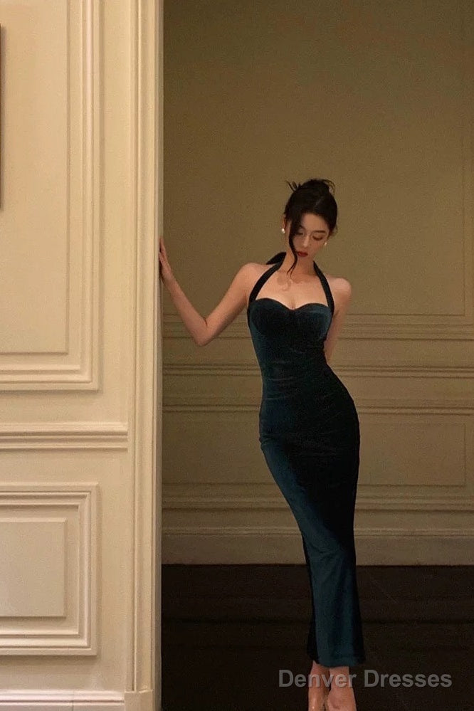 Sexy Sheath Halter Velvet Green Knee Length Prom Dresses Birthday Outfits Secondary image