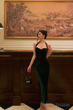 Sexy Sheath Halter Velvet Green Knee Length Prom Dresses Birthday Outfits