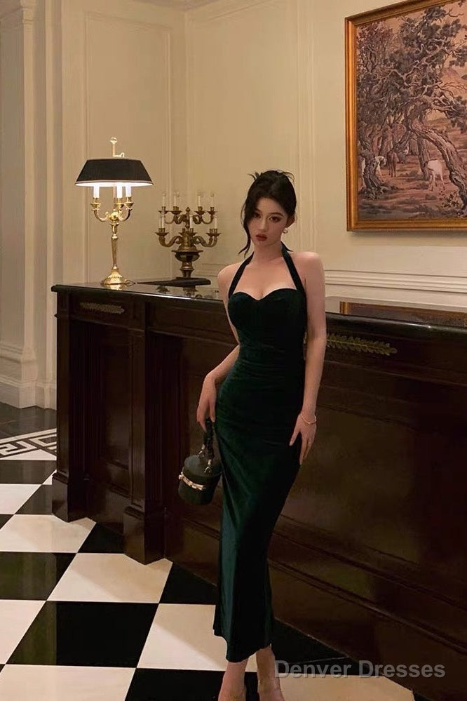 Sexy Sheath Halter Velvet Green Knee Length Prom Dresses Birthday Outfits