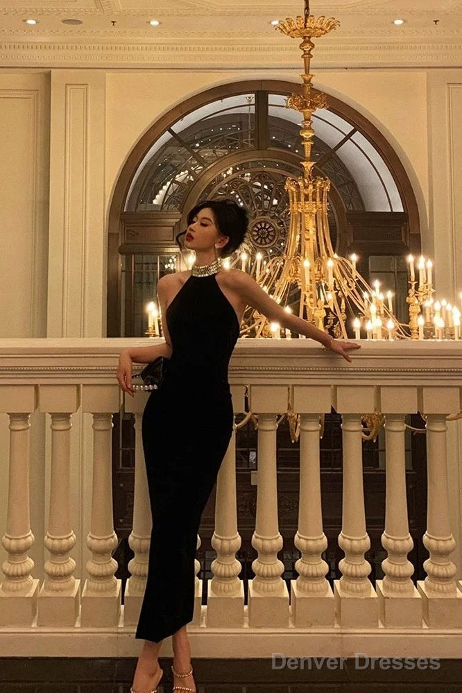 Sexy Sheath High Neckline Black Beads Ankle Length Prom Dresses Birthday Dress