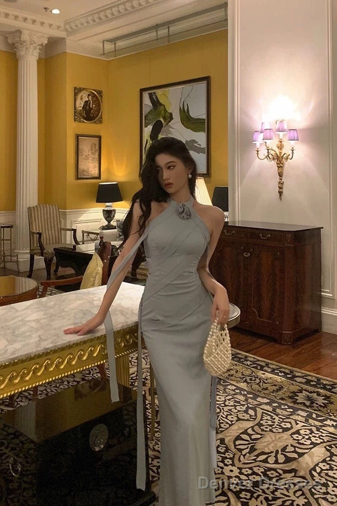 Sexy Sheath High Neckline Dusty Blue Satin Flowers Long Prom Dresses Evening Dress Secondary image