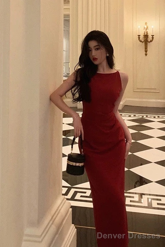 Sexy Sheath Jewel Neckline Red Long Prom Dresses Birthday Outfits Evening Gown