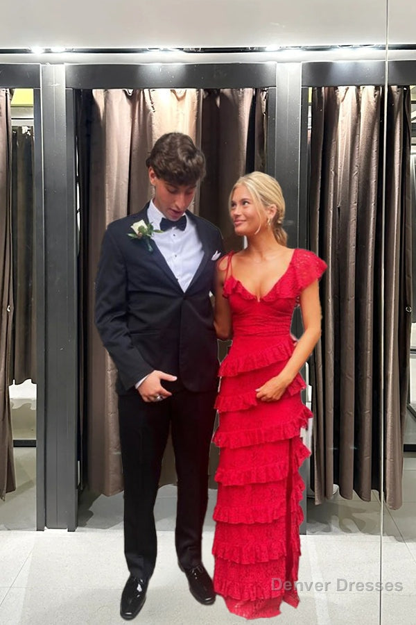 Sexy Sheath Lace Red Prom Dress Ruffles Party Dresses Secondary image