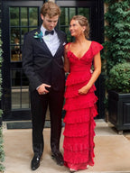 Sexy Sheath Lace Red Prom Dress Ruffles Party Dress