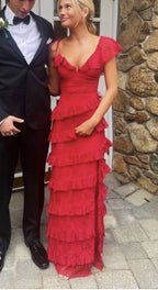 Sexy Sheath Lace Red Prom Dress Ruffles Party Dress
