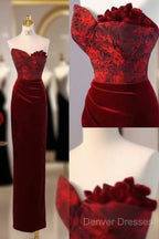 Sexy Sheath Long Senior Burgundy Velvet Prom Dress Formal Dress