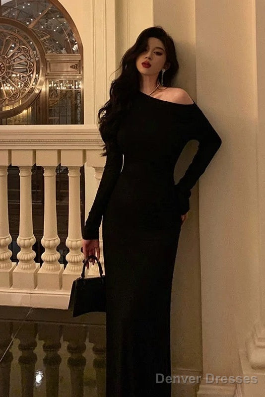 Sexy Sheath Long Sleeves Black Prom Dresses Birthday Outfits Evening Gown