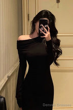 Sexy Sheath Long Sleeves Black Prom Dresses Birthday Outfits Evening Gown