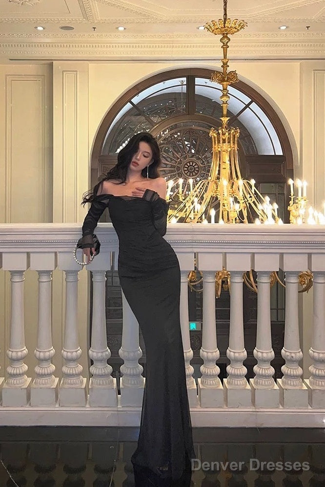 Sexy Sheath Off The Shoulder Black Long Sleeves Prom Dresses Evening Dress Secondary image