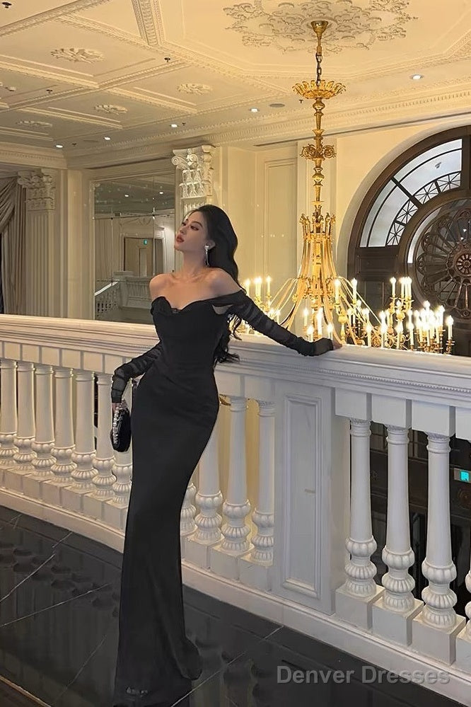 Sexy Sheath Off The Shoulder Black Long Sleeves Prom Dresses Evening Dress