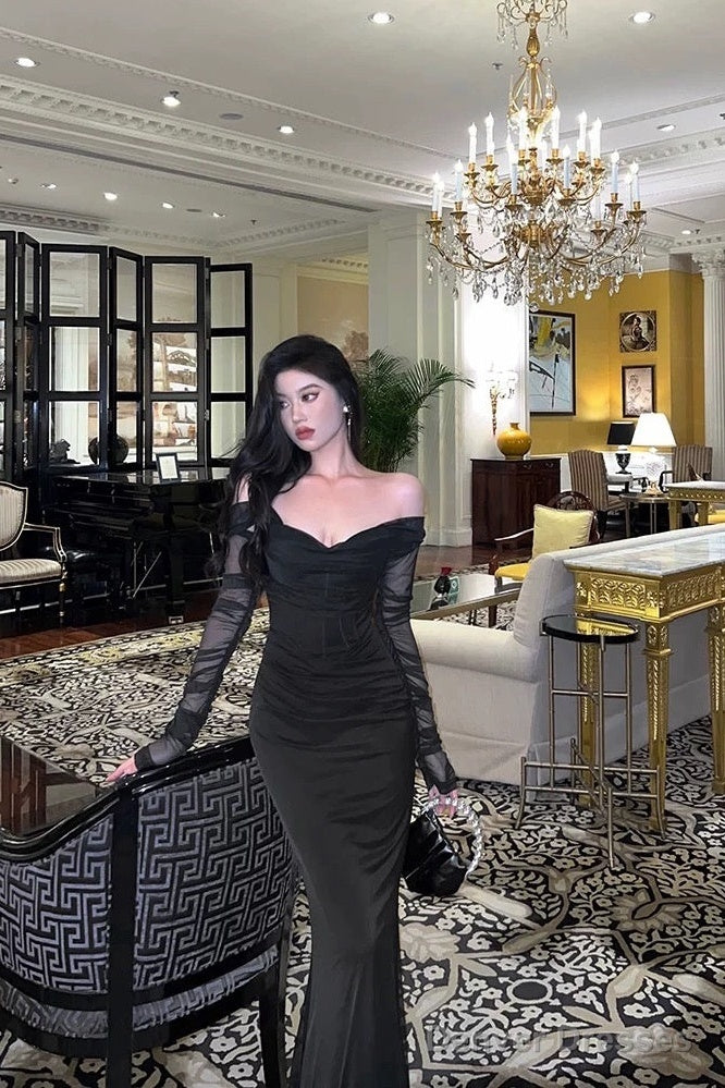 Sexy Sheath Off The Shoulder Black Long Sleeves Prom Dresses Evening Dress