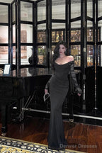 Sexy Sheath Off The Shoulder Black Long Sleeves Prom Dresses Evening Dress