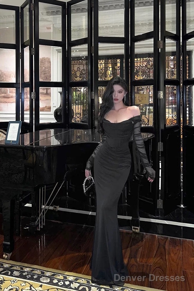 Sexy Sheath Off The Shoulder Black Long Sleeves Prom Dresses Evening Dress