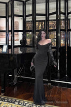 Sexy Sheath Off The Shoulder Black Long Sleeves Prom Dresses Evening Dress
