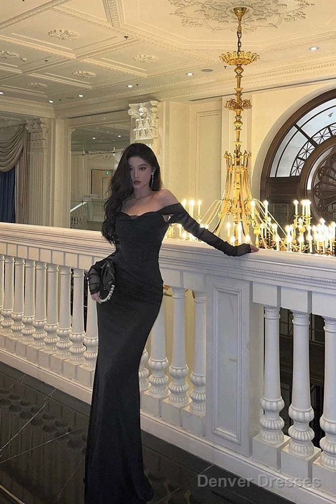 Sexy Sheath Off The Shoulder Black Long Sleeves Prom Dresses Evening Dress Main image