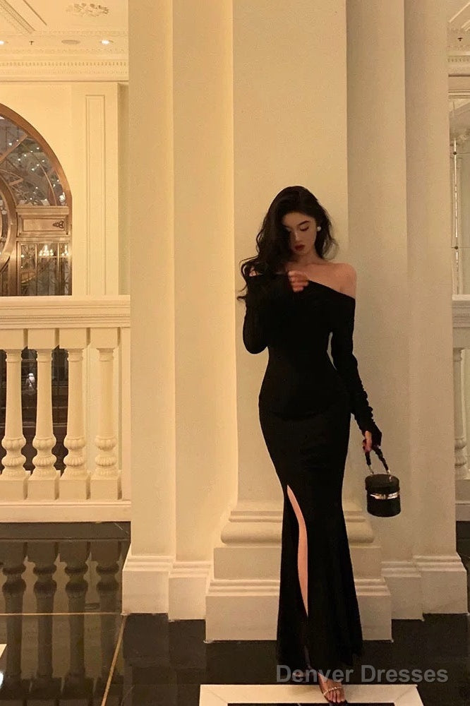 Sexy Sheath Off The Shoulder Black Slit Long Sleeves Prom Dresses Birthday Outfits