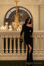 Sexy Sheath Off The Shoulder Black Slit Long Sleeves Prom Dresses Birthday Outfits