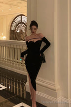Sexy Sheath Off The Shoulder Black Velvet Slit Mid Length Prom Dresses Birthday Outfits