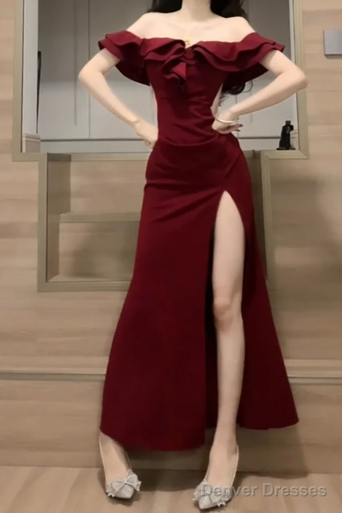 Sexy Sheath Off The Shoulder Burgundy Slit Holiday Prom Dresses Night Dress Birthday Outfits Main image