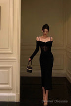 Sexy Sheath Off The Shoulder Long Sleeves Black Tea Length Prom Dresses Birthday Outfits