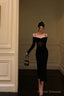 Sexy Sheath Off The Shoulder Long Sleeves Black Tea Length Prom Dresses Birthday Outfits