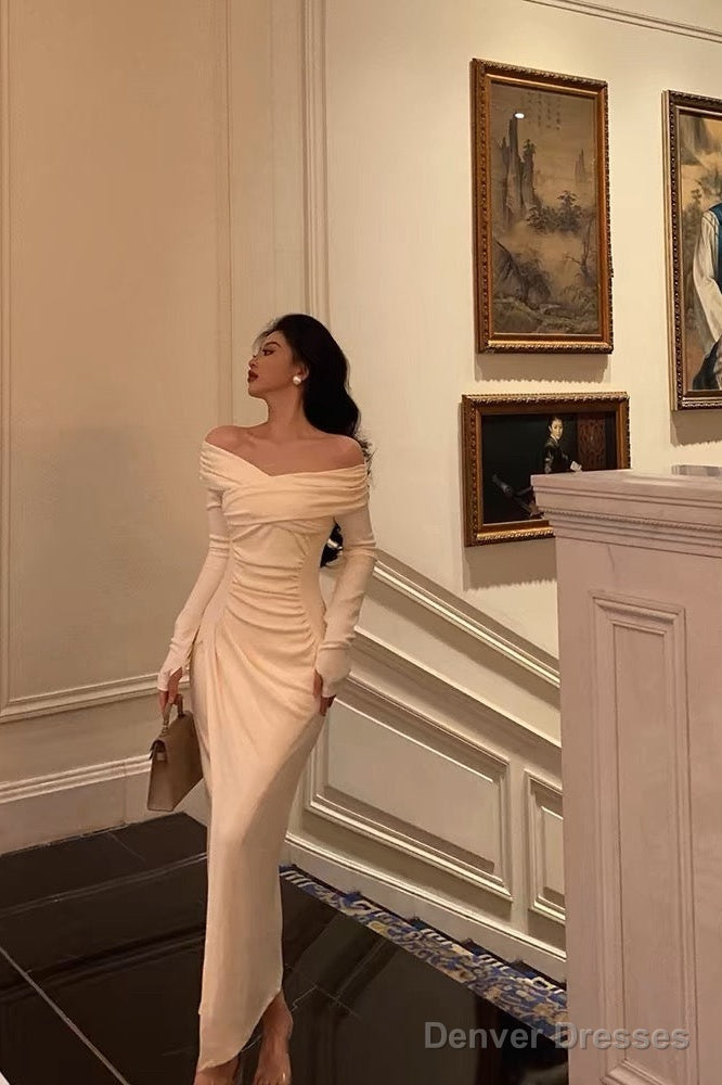 Sexy Sheath Off The Shoulder Long Sleeves White Slit Prom Dresses Birthday Outfits Main image