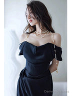 Sexy Sheath Off The Shoulder Black Satin Floor Length Evening Dress Prom Dresses