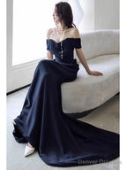 Sexy Sheath Off The Shoulder Black Satin Floor Length Evening Dress Prom Dresses