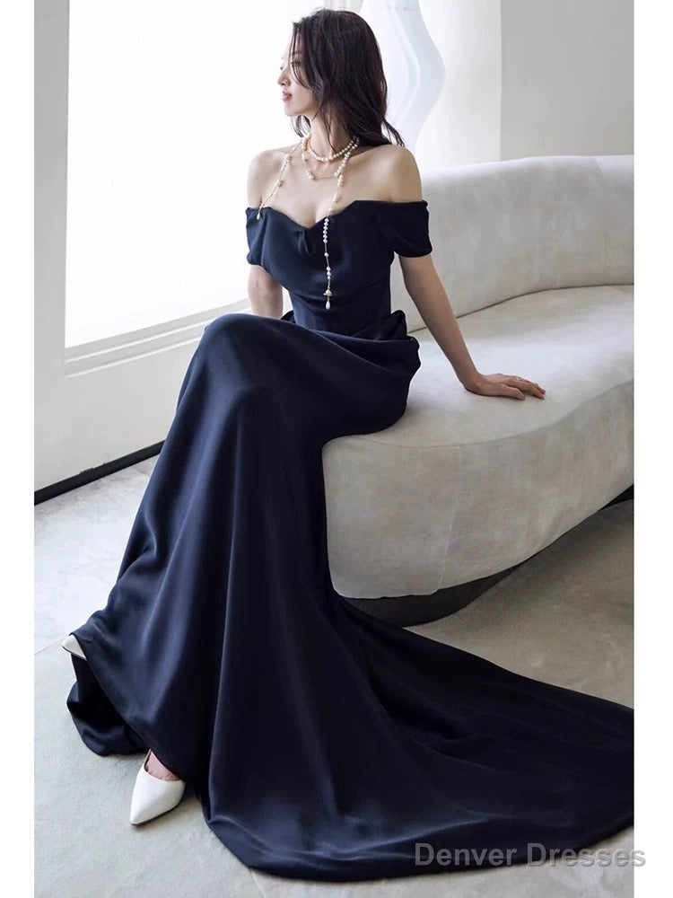 Sexy Sheath Off The Shoulder Black Satin Floor Length Evening Dress Prom Dresses