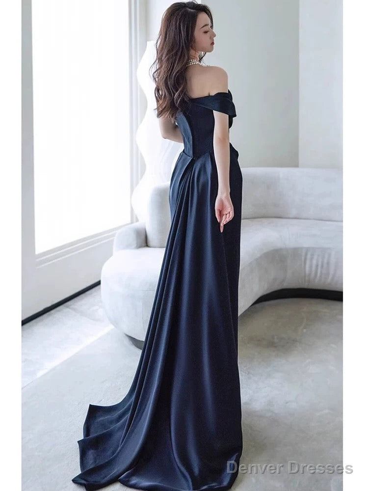 Sexy Sheath Off The Shoulder Black Satin Floor Length Evening Dress Prom Dresses