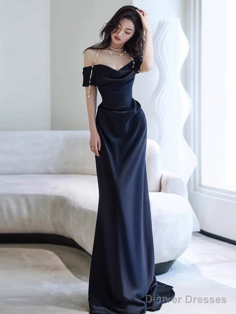 Sexy Sheath Off The Shoulder Black Satin Floor Length Evening Dress Prom Dresses