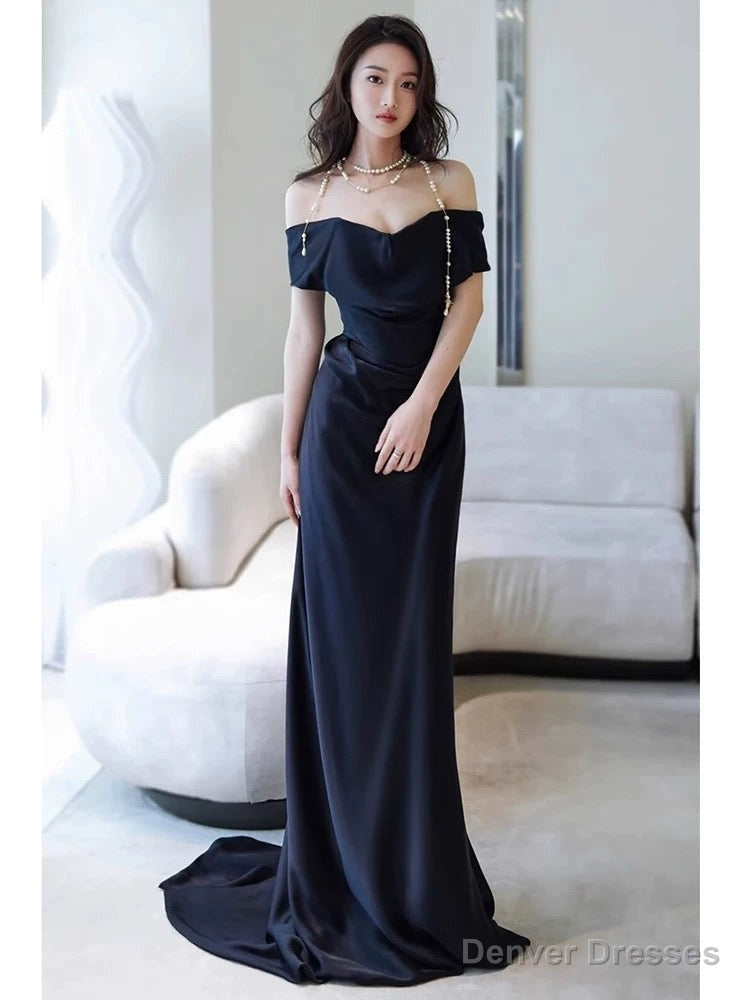 Sexy Sheath Off The Shoulder Black Satin Floor Length Evening Dress Prom Dresses