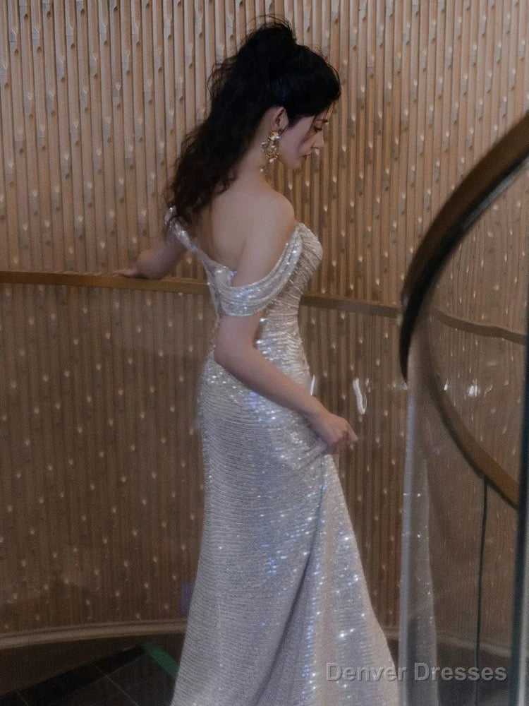 Sexy Sheath Off The Shoulder Sequin Slit Floor Length Evening Dress Prom Dresses