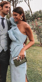Sexy Sheath One Shoulder Light Sky Blue Long Prom Dress