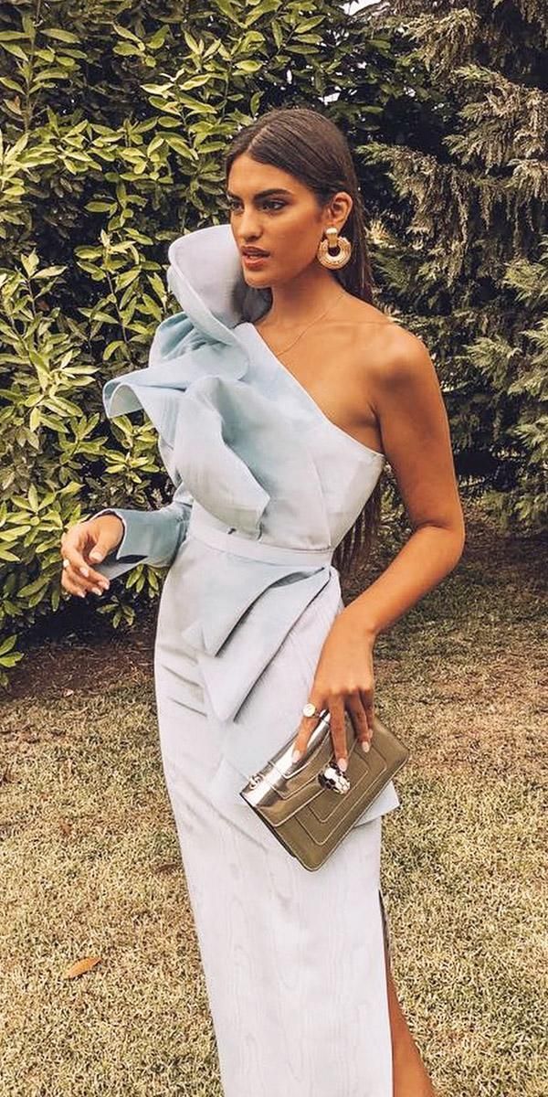 Sexy Sheath One Shoulder Light Sky Blue Long Prom Dress