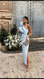 Sexy Sheath One Shoulder Light Sky Blue Long Prom Dress