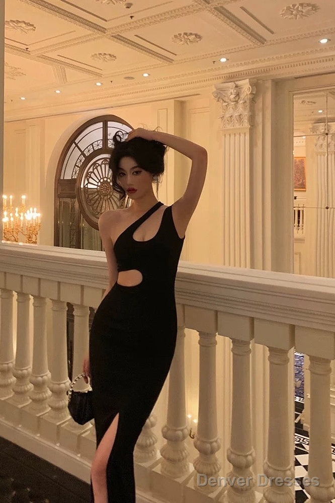 Sexy Sheath One Shoulder Straps Black Slit Long Prom Dresses Birthday Outfits Secondary image