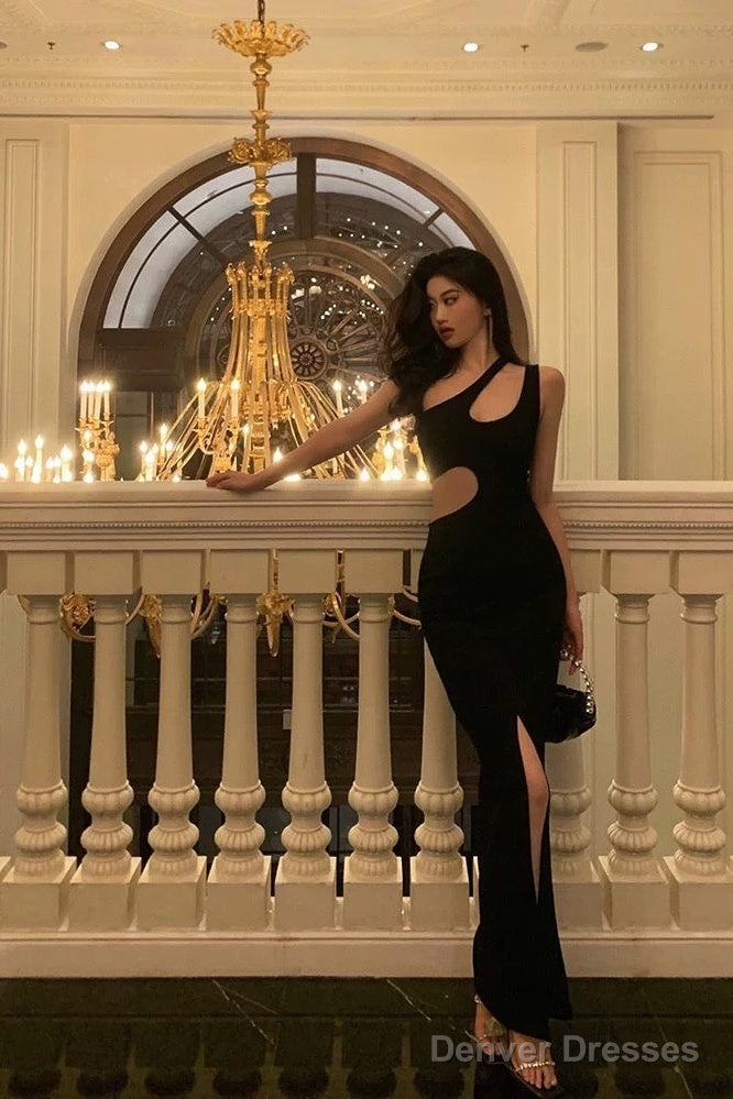 Sexy Sheath One Shoulder Straps Black Slit Long Prom Dresses Birthday Outfits Main image