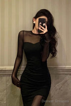 Sexy Sheath Scoop Long Sleeves Black Prom Dresses Birthday Outfits Evening Gown