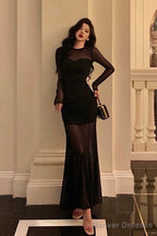 Sexy Sheath Scoop Long Sleeves Black Prom Dresses Birthday Outfits Evening Gown