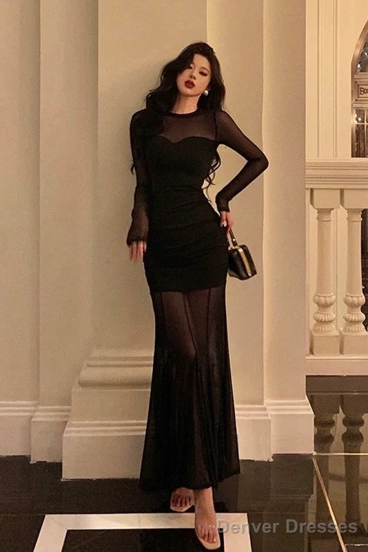 Sexy Sheath Scoop Long Sleeves Black Prom Dresses Birthday Outfits Evening Gown