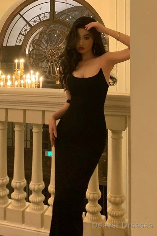 Sexy Sheath Spaghetti Straps Black Prom Dresses Birthday Outfits Evening Gown