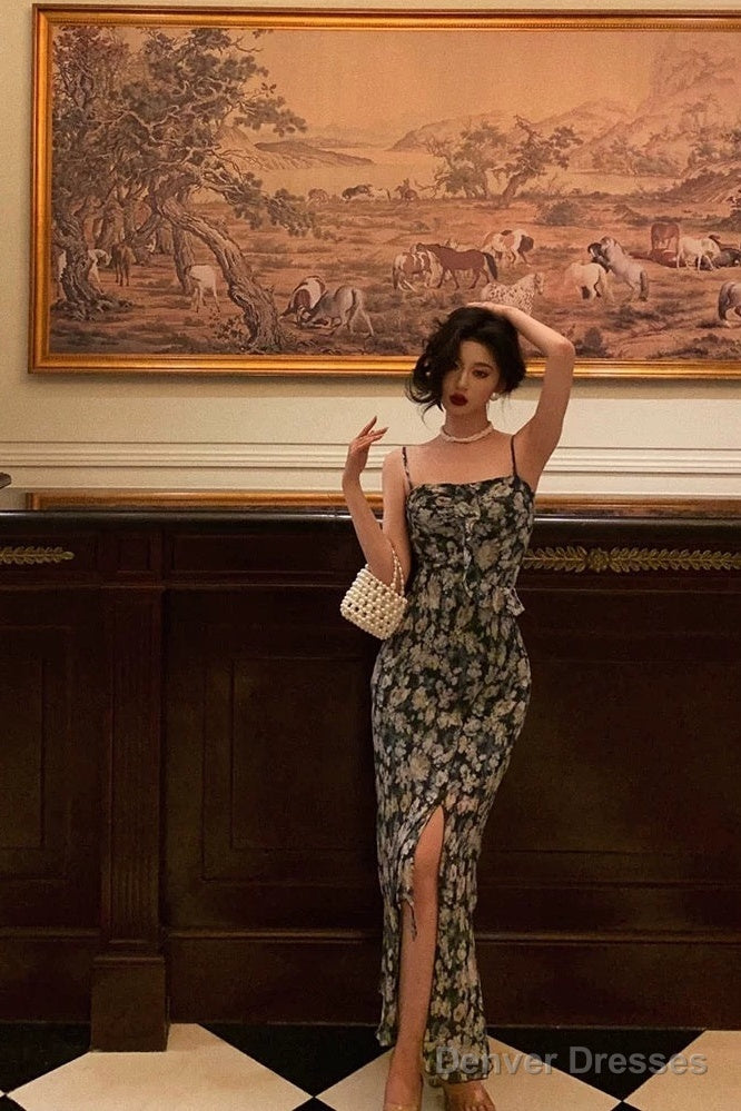 Sexy Sheath Spaghetti Straps Blue Floral Prom Dresses Birthday Outfits Evening Gown Secondary image