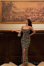 Sexy Sheath Spaghetti Straps Blue Floral Prom Dresses Birthday Outfits Evening Gown