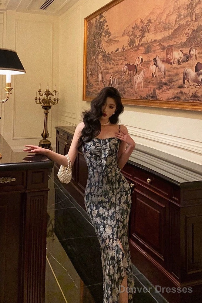 Sexy Sheath Spaghetti Straps Blue Floral Prom Dresses Birthday Outfits Evening Gown