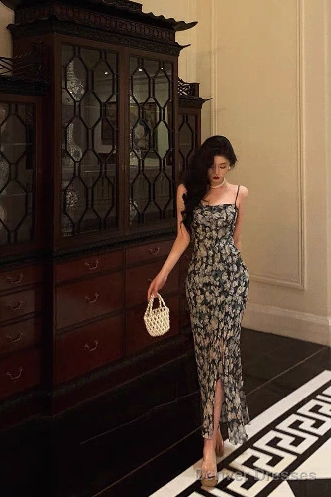 Sexy Sheath Spaghetti Straps Blue Floral Prom Dresses Birthday Outfits Evening Gown Main image