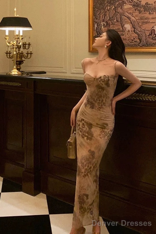Sexy Sheath Spaghetti Straps Champagne Floral Prom Dresses Birthday Outfits Secondary image