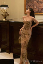 Sexy Sheath Spaghetti Straps Champagne Floral Prom Dresses Birthday Outfits