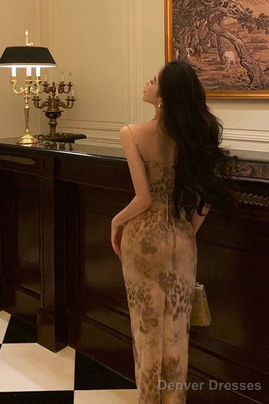 Sexy Sheath Spaghetti Straps Champagne Floral Prom Dresses Birthday Outfits