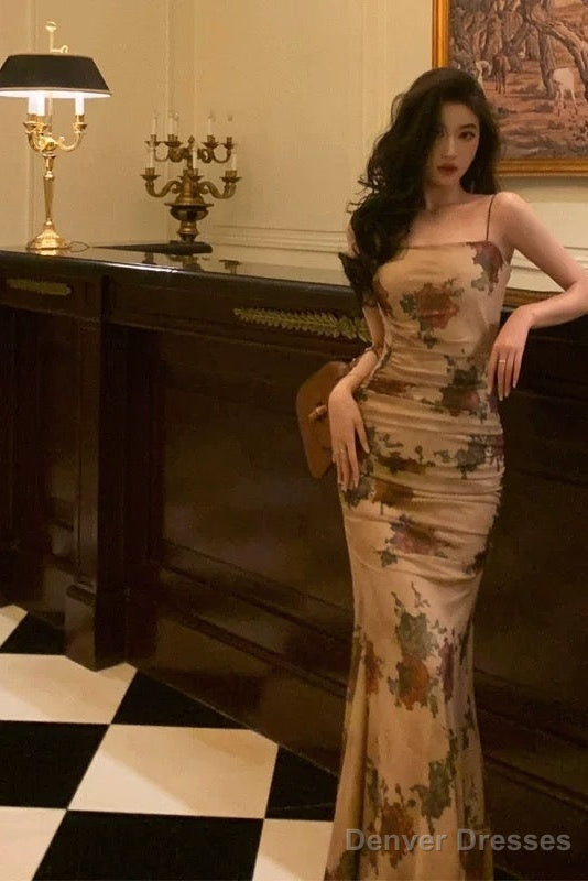 Sexy Sheath Spaghetti Straps Champagne Floral Prom Dresses Birthday Outfits Evening Gown